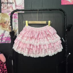 Japanese Kawaii Lolita Style Y2k Mini Skirt Women Sweet Strawberry Print Ruffle Punk Cake Skirt Girl Cute Bow Skirt Faldas Mujer