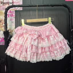 Japanese Kawaii Lolita Style Y2k Mini Skirt Women Sweet Strawberry Print Ruffle Punk Cake Skirt Girl Cute Bow Skirt Faldas Mujer