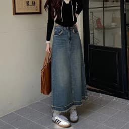 High Waist A-Line Midi Denim Skirt for Women Vintage Frayed Hem Pear Shape Body Type Spring Tall Size Half Body Long Skirt