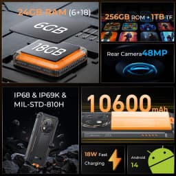 OUKITEL G1 Rugged Phone - 10600mAh, 24(6+18)GB+256GB, 6.52" Display, IP68 Waterproof, NFC Smartphone, Android 14,48MP Camera