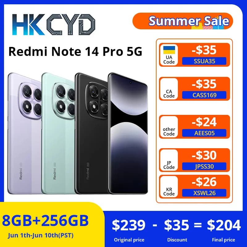 Global Version Xiaomi Redmi Note 14 Pro 5G Smartphone MTK Dimensity 7300-Ultra 200MP Camera 5110mAh 6.67" AMOLED 45W Charging