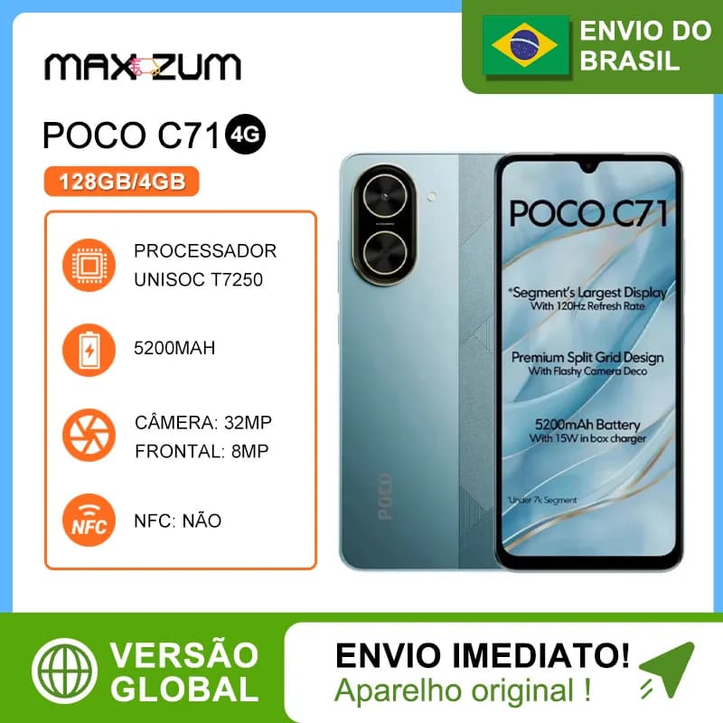 Poco C71 4G 128GB+4GB RAM, Processador UNISOC T7250, Câmera 32 MP, Versão Global , Bateria 5200mAh 