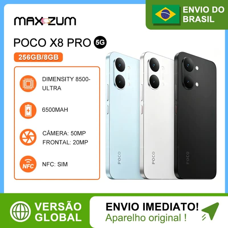 Poco X8 PRO 5G, 256/8GB, Mobile Phones MediaTek Dimensity 8500-Ultra,Bateria 6500mAh,Versão Global ,Câmera 50MP