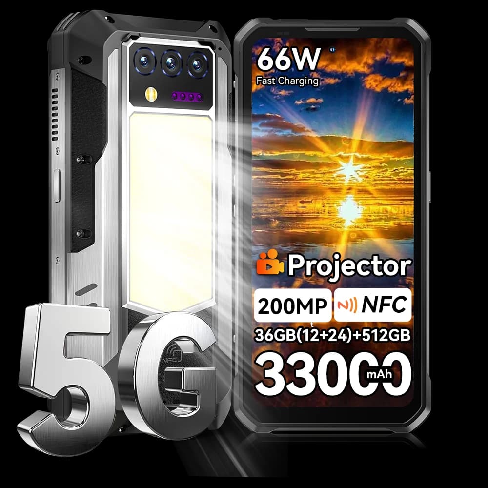 OUKITEL WP100 TITAN Rugged Smartphone Phone with Built-in Projector 12GB+512GB 33000mAh 1200-lumen Camping Light 200MP NFC 66W