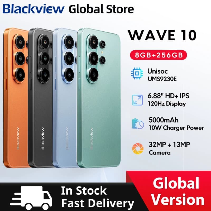 Blackview WAVE 10 Smartphone 6.88 HD+ 120Hz IPS Display Octa-Core 8GB 128GB 32Mp Camera 5000mAh 3 Card Slot Android 16 Cellphone