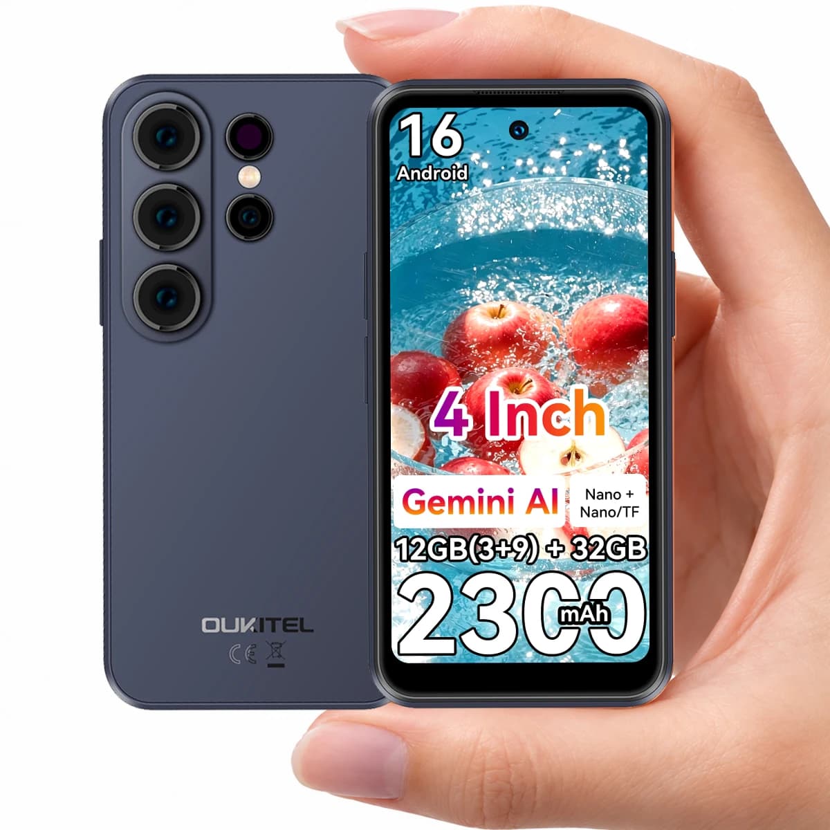 OUKITEL C26 Mini Smartphone, Ultra Compact 4" Mini Display, Up to 12GB RAM (3+9) +32GB ROM, Massive 2300mAh Battery, Android 16, Gemini AI, Small Pocket Mini Mobile Phone, Stay Light Stay Connected