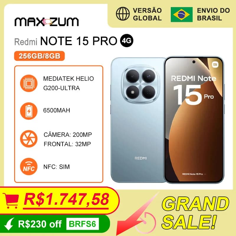 Xiaomi Celular Redmi Note 15 Pro 4G,Versão Global 256GB E 8GB RAM, MediaTek Helio G200-Ultra, Câmera 200MP