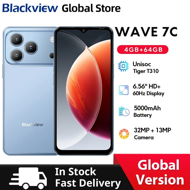 Blackview Wave 7C Smartphone 6.56 inch HD+Eye-Comfort Screen IPS Display 5000mAh 64GB 128GB IP54 32MP Camera AI CellPhone