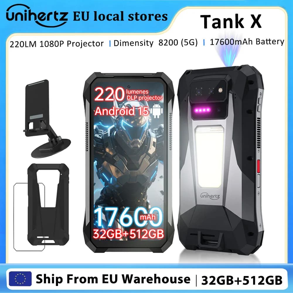 Unihertz Tank X Rugged Phone by 8849 Support 1080P Projector 220 Lumens Android 15 5G 17600mAh 32GB 512GB Dimensity 8200 50MP