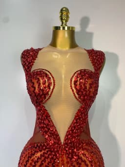 Women Sexy Evening Party Gowns Red Diamond Sequin See Through Mesh Stretch Maxi Long Dress Celebrity Elegant Singer Stage Outfit