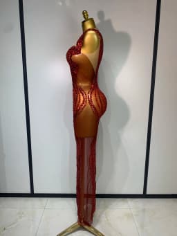 Women Sexy Evening Party Gowns Red Diamond Sequin See Through Mesh Stretch Maxi Long Dress Celebrity Elegant Singer Stage Outfit