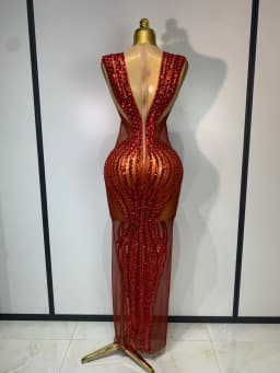 Women Sexy Evening Party Gowns Red Diamond Sequin See Through Mesh Stretch Maxi Long Dress Celebrity Elegant Singer Stage Outfit