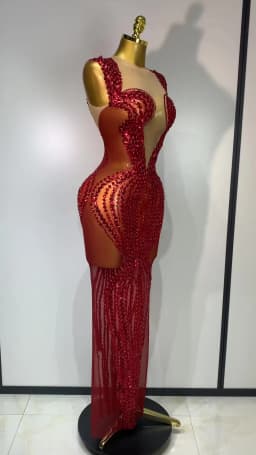 Women Sexy Evening Party Gowns Red Diamond Sequin See Through Mesh Stretch Maxi Long Dress Celebrity Elegant Singer Stage Outfit