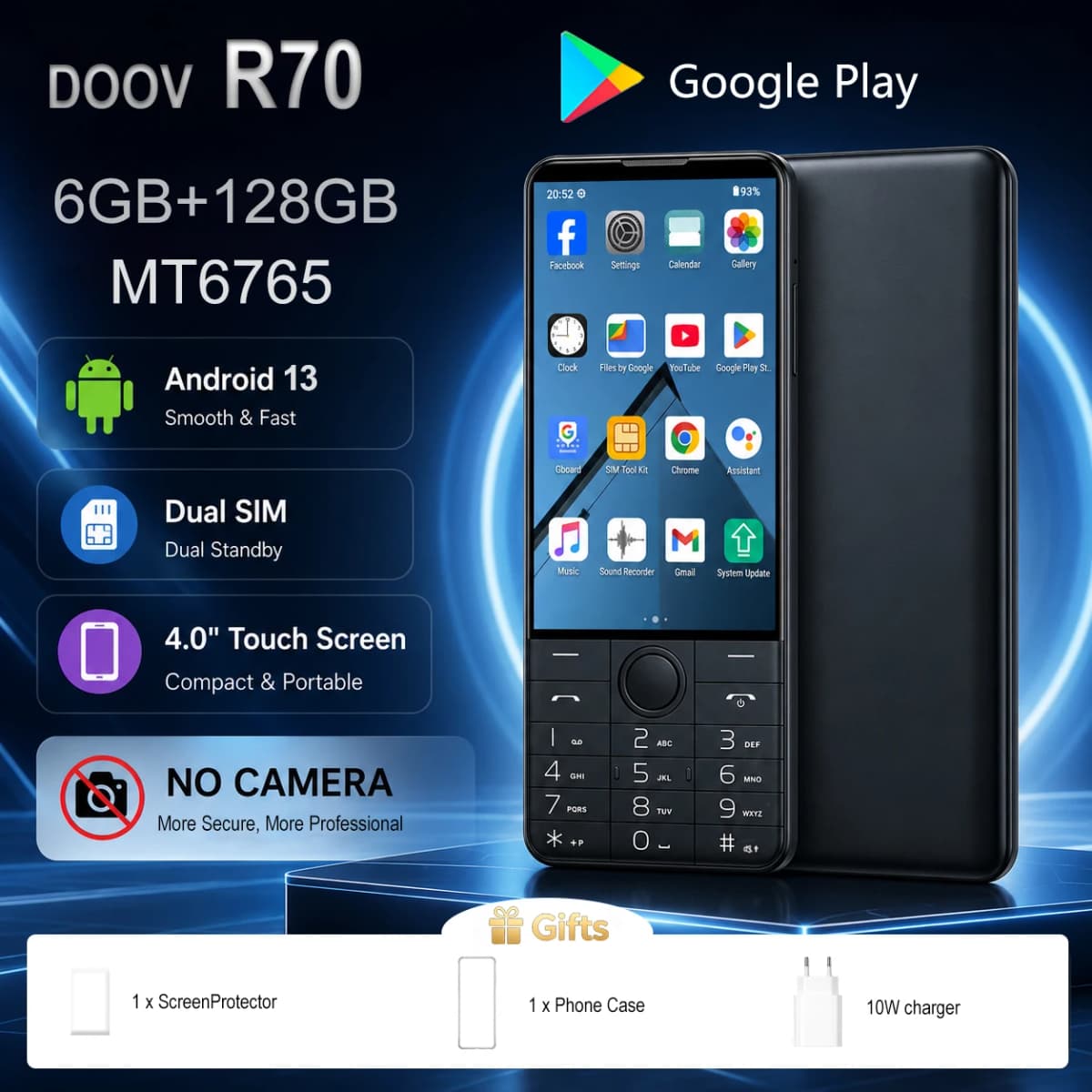 DOOV R70 Phone No Camera with Dual SIM MT6765 Touchscreen 4G Android 13 Keyboard 4 Inch 6GB 128GB Camera 2600mAh