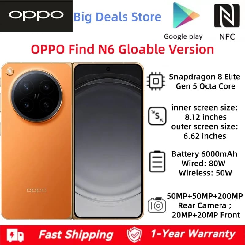 Oppo Find N6 Gloabl Version Foldable Mobile Phone 8.12' Screen 200.0MP Camera Snapdragon 8 Elite Gen 5 OTA 80W SuperCharger