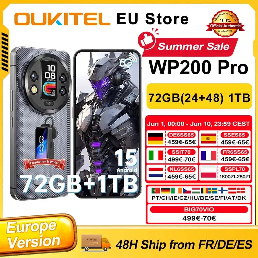 OUKITEL WP200 Pro Android 15 72GB(24+48) 1TB Rugged Smartphone 5G 6.7'' 120Hz 108MP 8800mAh 45W Detachable Earphone-SmartWatch