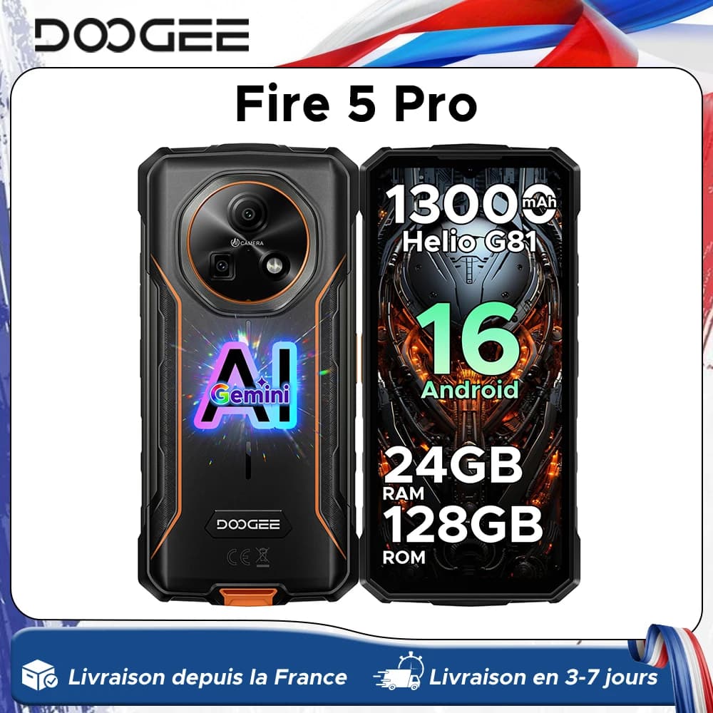 Doogee Fire 5 Pro Rugged Smartphone 13000Mah Battery 24Gb Ram(4Gb+20Gb) 128Gb Rom 6.6'' Display Helio G81 Android 16 Smartphone