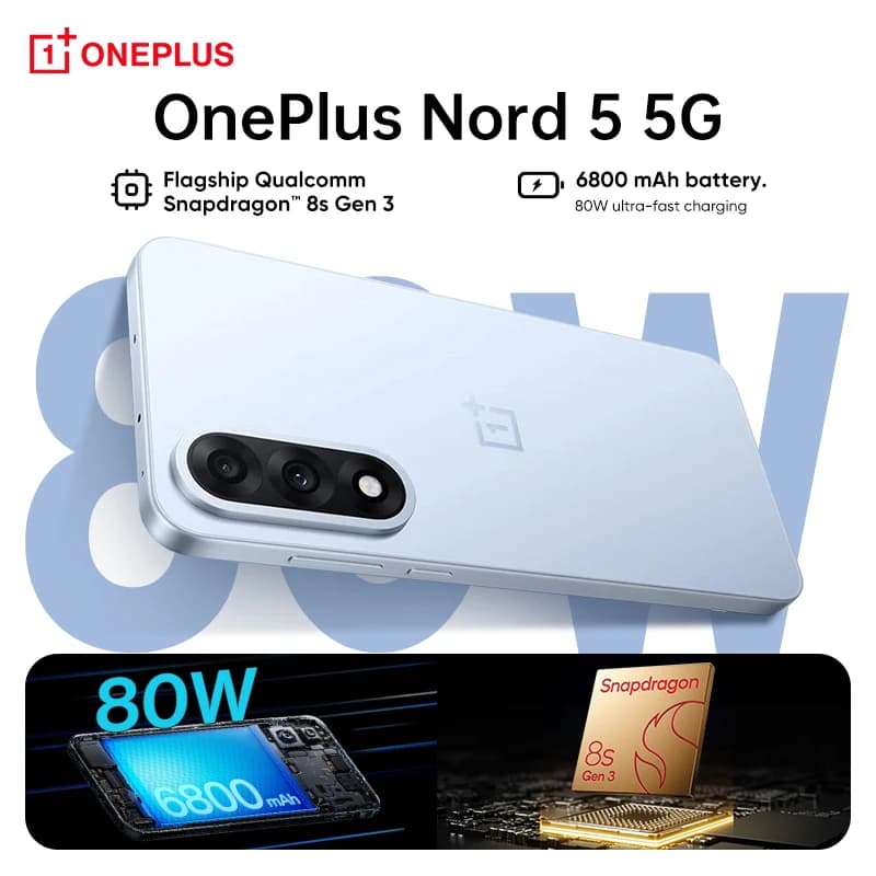 Global version samrtphone OnePlus Nord 5 5G 8GB+256GB 12GB+512GB Snapdragon 8s Gen 3 Android 15 6800 mAh 80W Wi-Fi 6 NFC