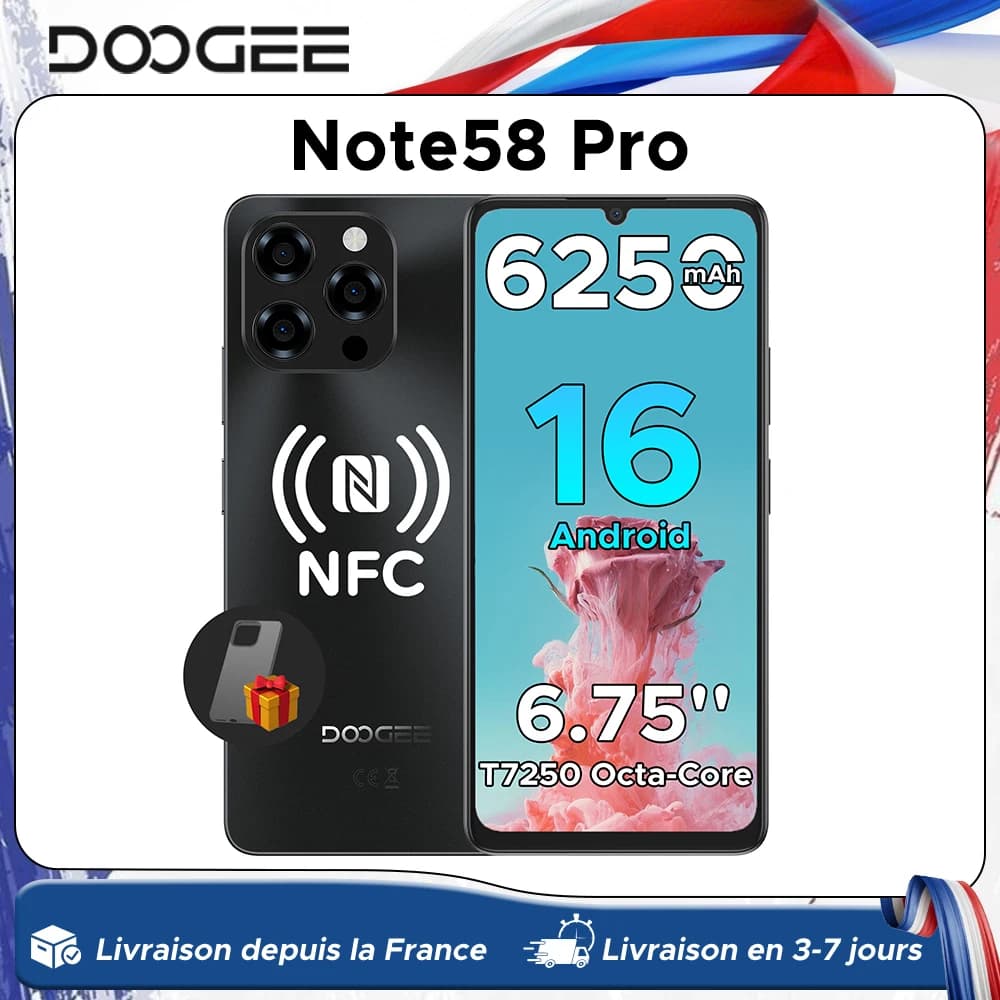 Global Version DOOGEE Note58 Pro Smartphone 6.75" HD+ Display 32GB(8+24) 256GB 6250mAh Battery NFC Android 15 Mobile Phone
