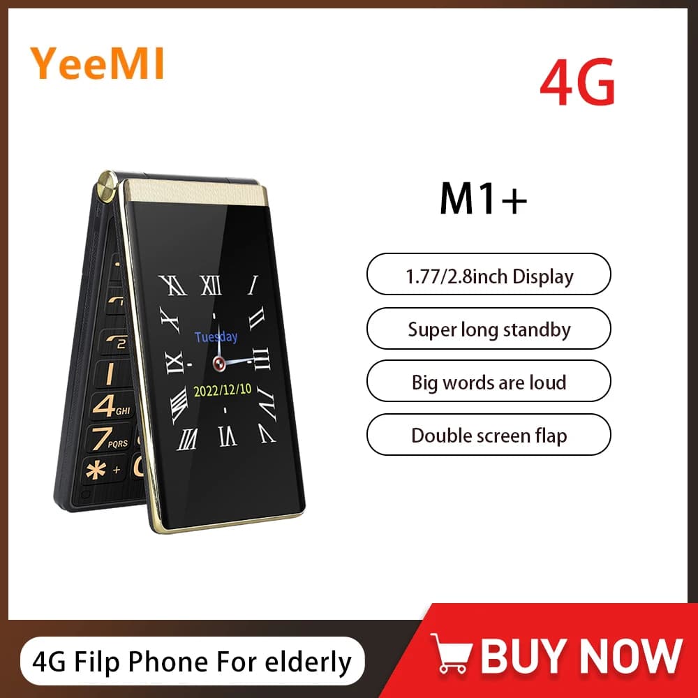 Yeemi M1+ 4G Flip Feature Phone 1.77/2.8 Inch Dual Display LED Light Mobile Phones 2 SIM Big Keyboard Loud Voice for Elderly SOS