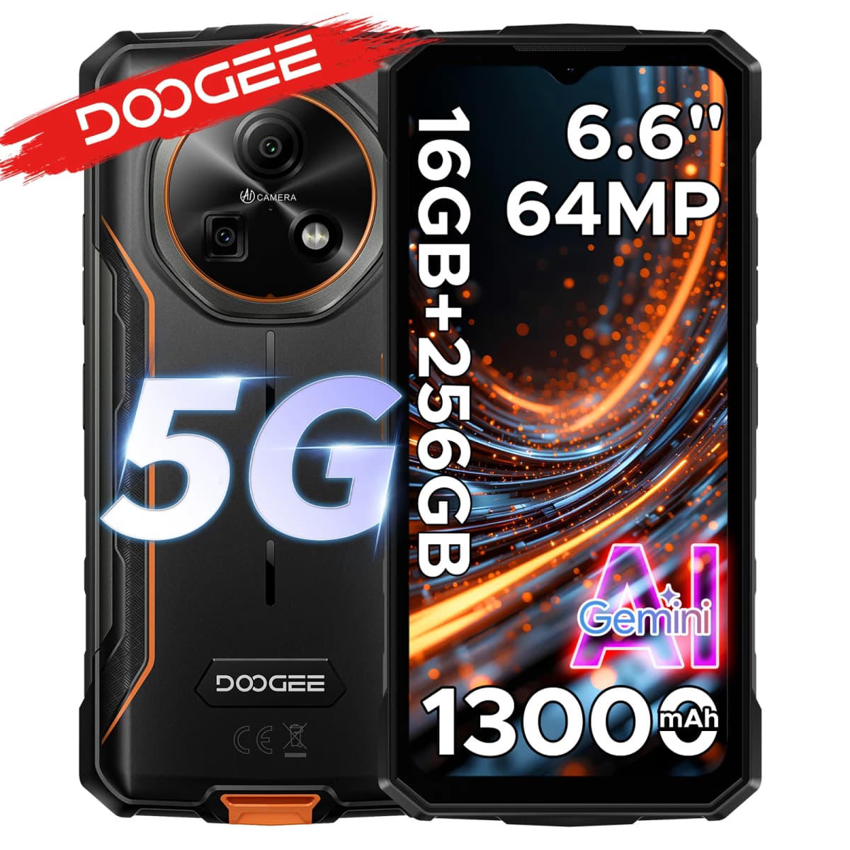 Phone robust DOOGEE Fire 7 5G Gemini AI 16 Go (4 + 12) 256 Go battery mAh dimension Smartphone