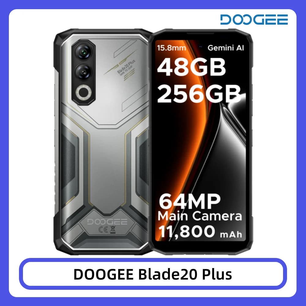 DOOGEE Blade20 Plus Rugged Phone 48GB+1TB 6.6" 120Hz Display 11800mAh Large Battery Helio G100 64MP Camera NFC Gemini AI NFC Android 16 Smartphone