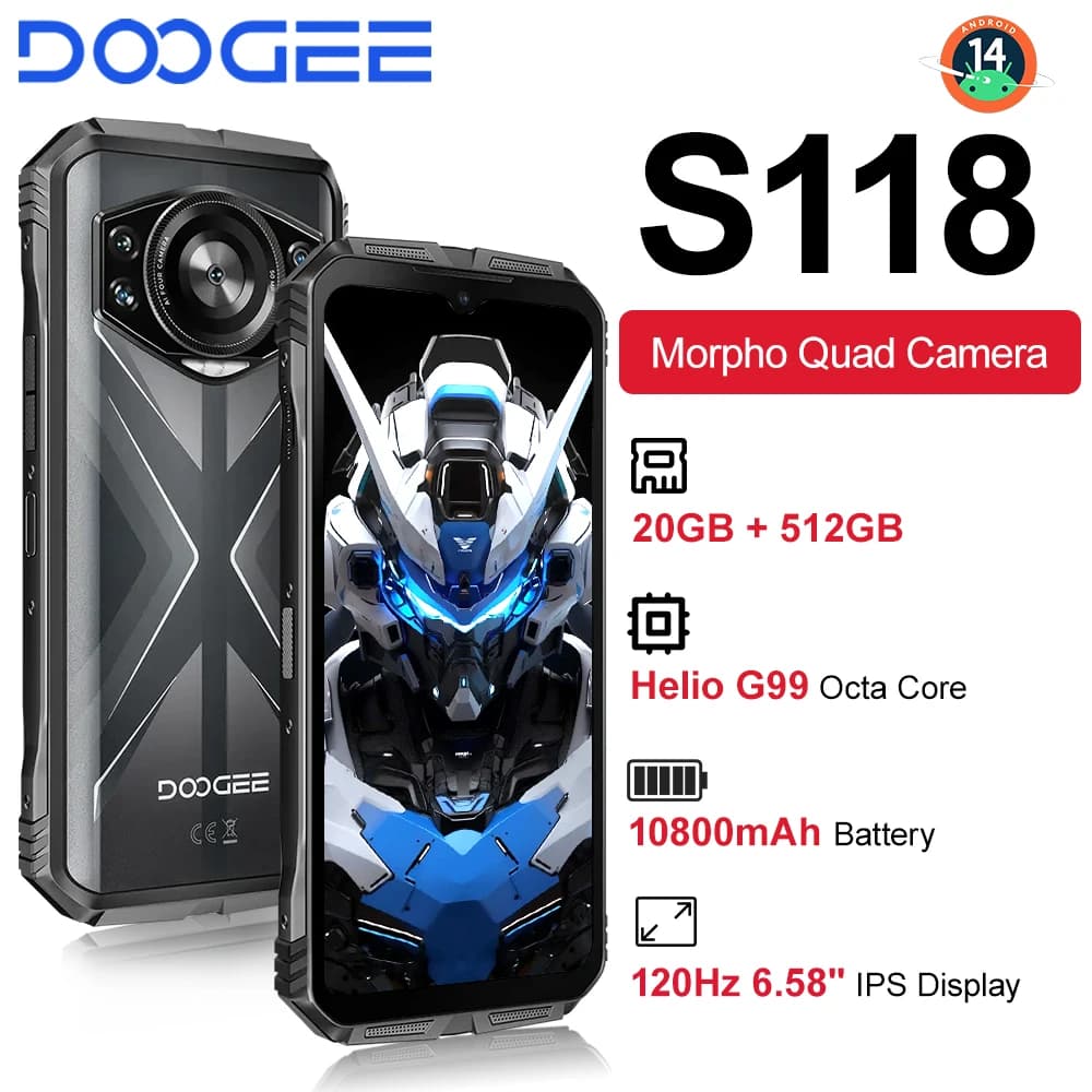 DOOGEE S118 Rugged Phone 6.58" FHD+ Screen Helio G99 Telephon Portable 8GB+512GB 10800mAh 50MP Triple Smartphone Android 14 NFC