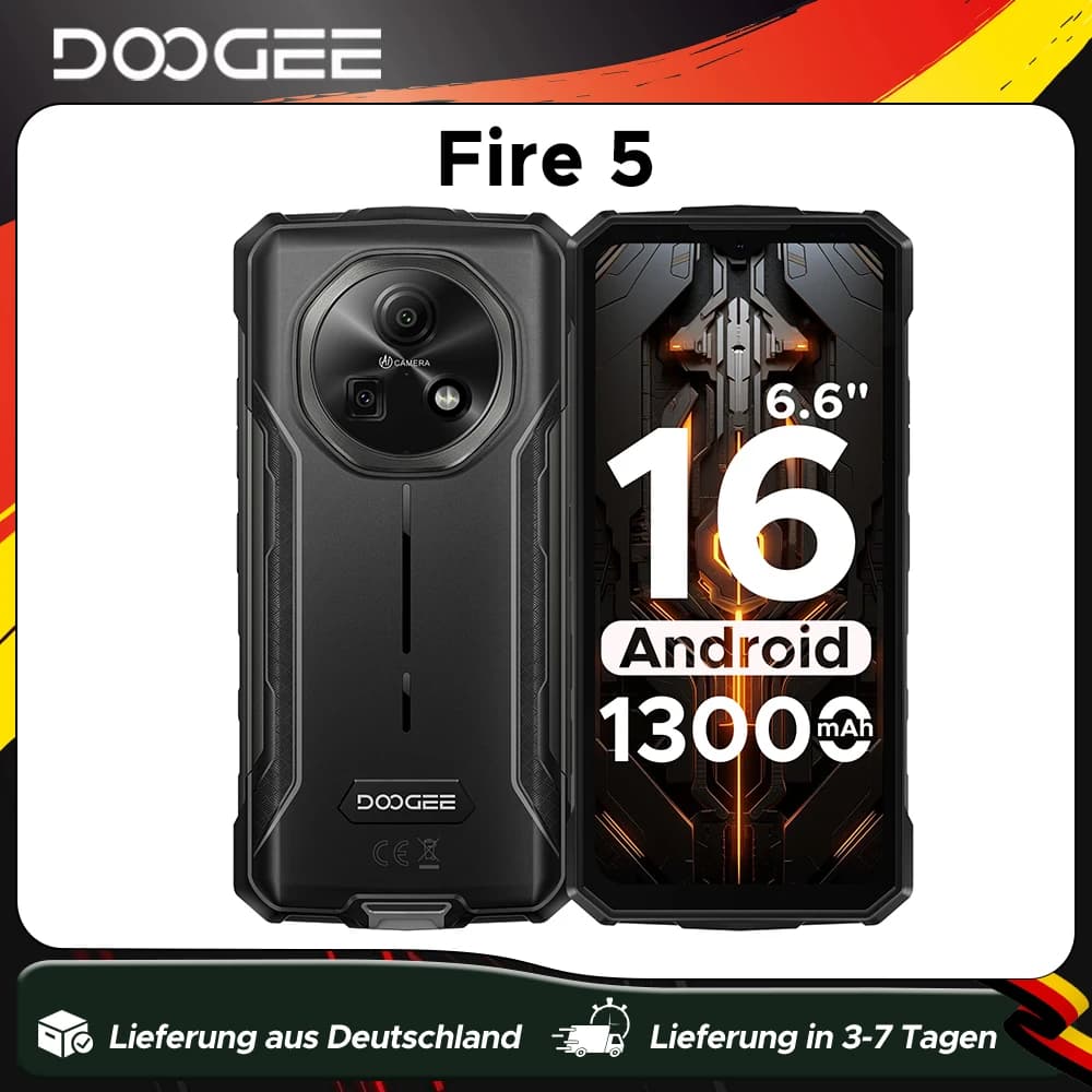 DOOGEE Fire 5 Rugged Phone 13000mAh Large Battery 6.6'' HD+ Display 12GB RAM (3GB+GB) 64GB ROM Android 15 NFC Smartphone