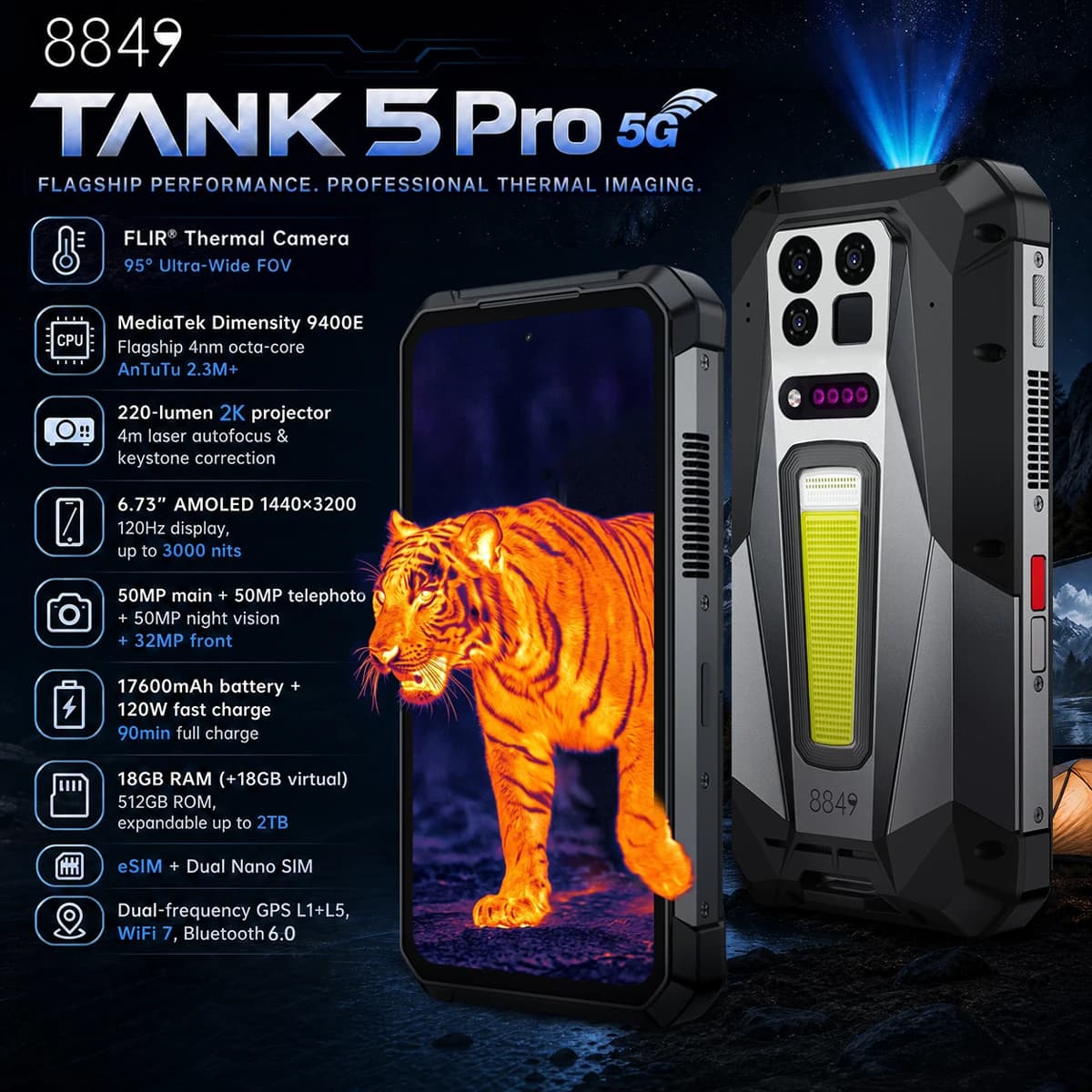 8849 TANK 5 Pro FLIR Thermal Imaging 2K Projector Rugged Smartphone eSIM Dimensity 9400e 3K AMOLED 17600mAh 220Lumen 18GB+512GB
