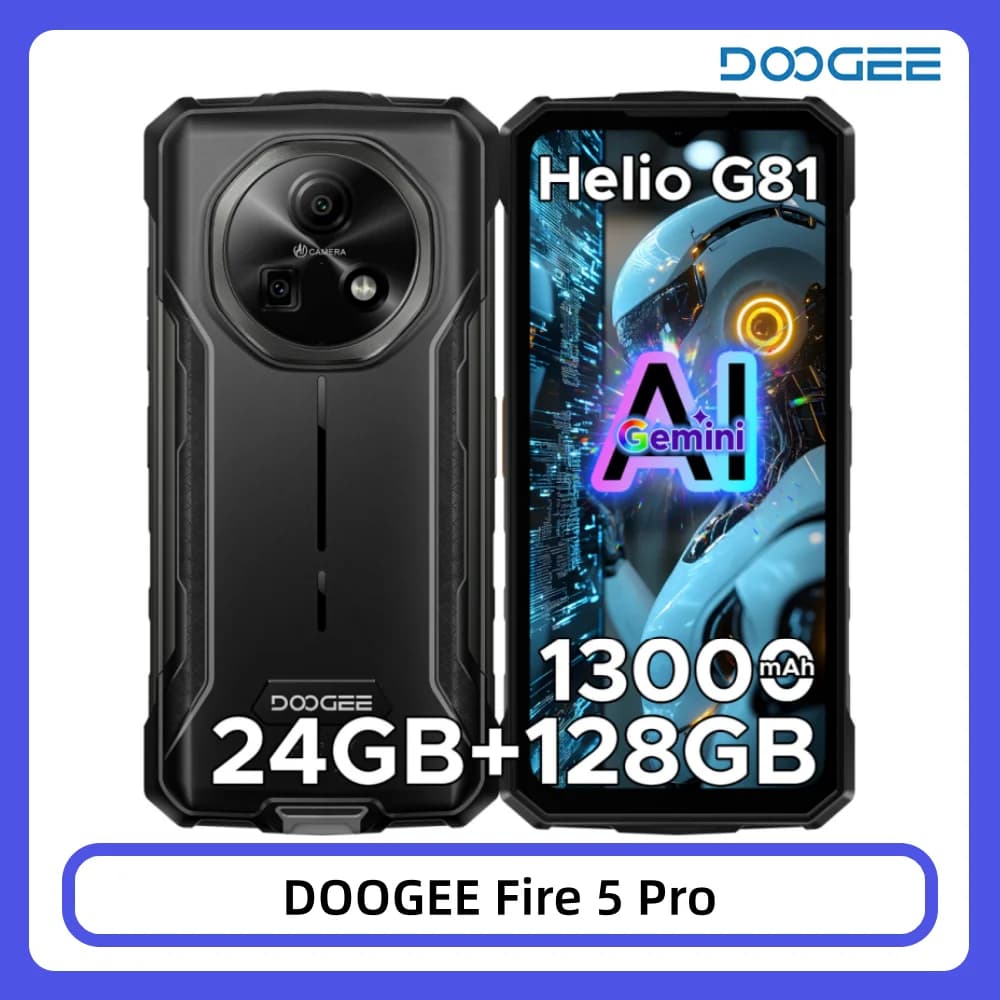 DOOGEE Fire 5 Pro Rugged Phone 24GB+128GB 6.6" HD+ Display 13000mAh Battery Helio G81 13MP+8MP NFC Android 16 Smartphone