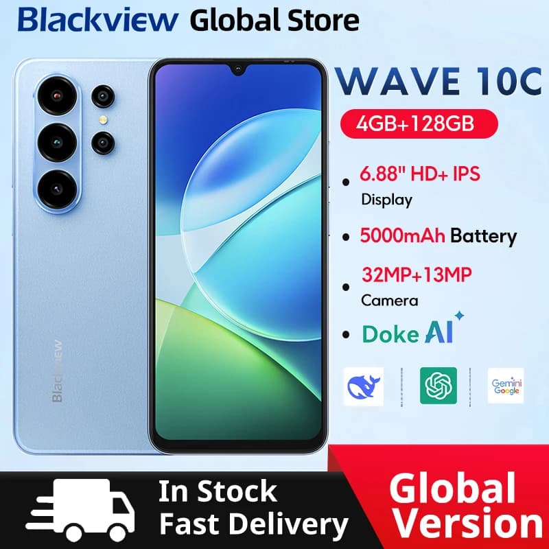 Blackview Wave 10C Smartphone 6.88-inch HD+ IPS Display Android 16 Quad-core 32GB 128GB 32MP Camera 5000mAh Battery Cellphone