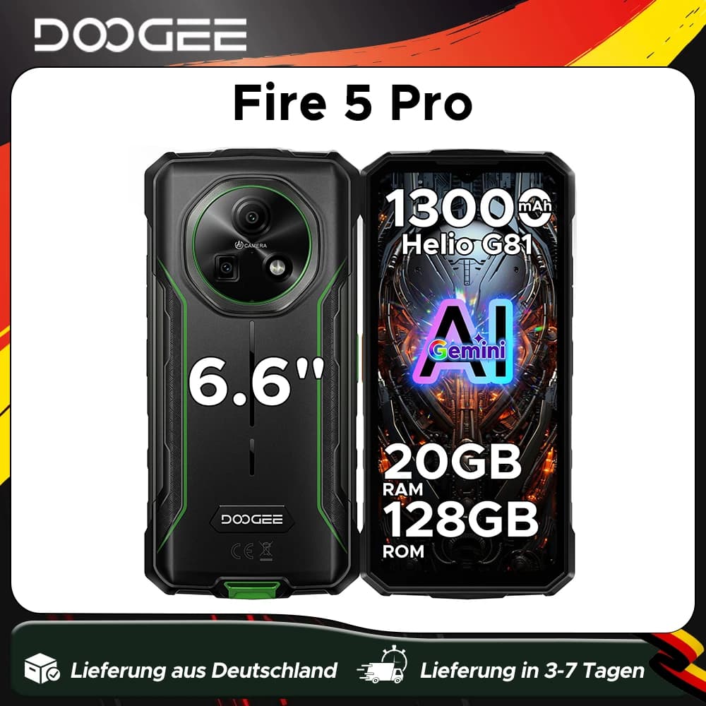 Doogee Fire 5 Pro Rugged Smartphone 13000Mah Battery 24Gb Ram(4Gb+20Gb) 128Gb Rom 6.6'' Display Helio G81 Android 16 Smartphone