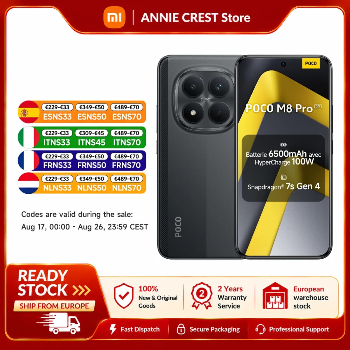 Poco M8 Pro 5g Smartphone Snapdragon 7S Gen4 Processor, 6.83" 120Hz Amoled Crystalres Display, 6500 Mah Battery, Ip66/Ip68, 50Mp Ultra-Wide Camera 8Mp, 32Mp Front Camera