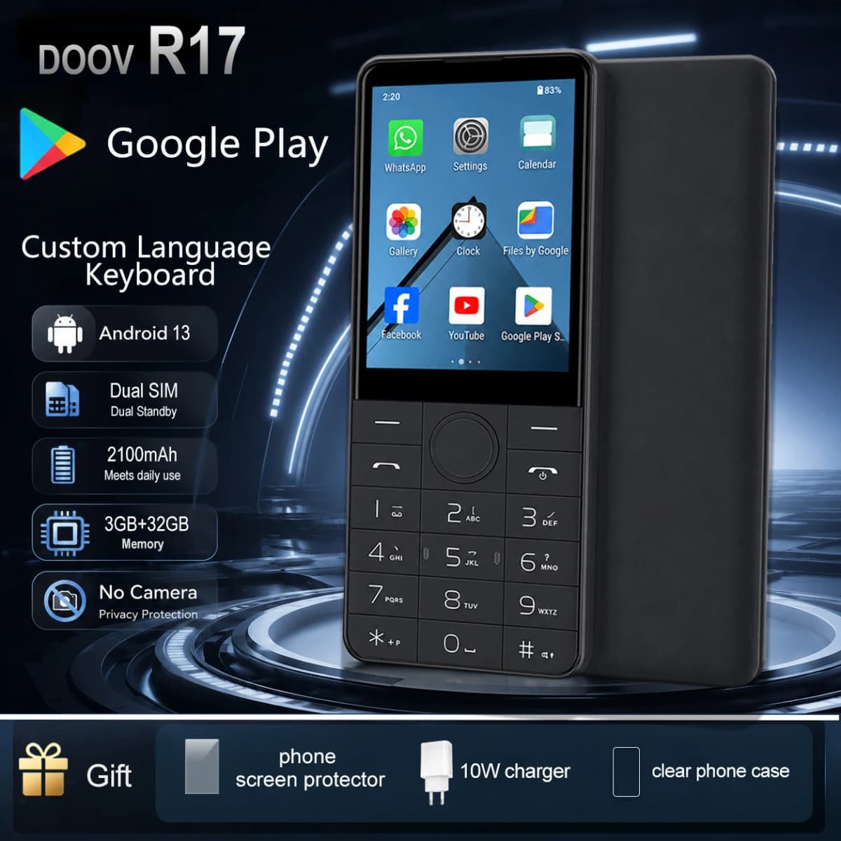 DOOV R17 4G Smartphone No Camera Screen 2.8Inch 3GB+32GB Google Play Dual SIM Bluetooth Physical Keypad Mobile Phone 2100mAh