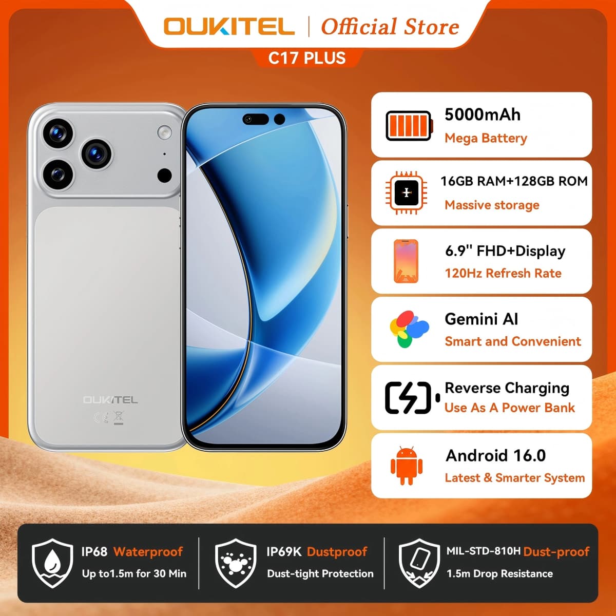 OUKITEL C17 PLUS Smartphone Global Version 6.9'' 16GB(4+12)+128GB 120Hz NFC Gemini AI