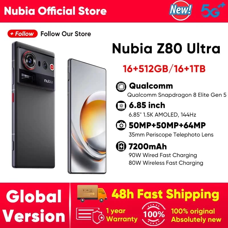 Official Nubia Z80 Ultra 5G Smartphone Global Version Snapdragon 8 Elite Gen 5 7200mAh 6.85'' 144Hz Oled Display 90W Fast Charg