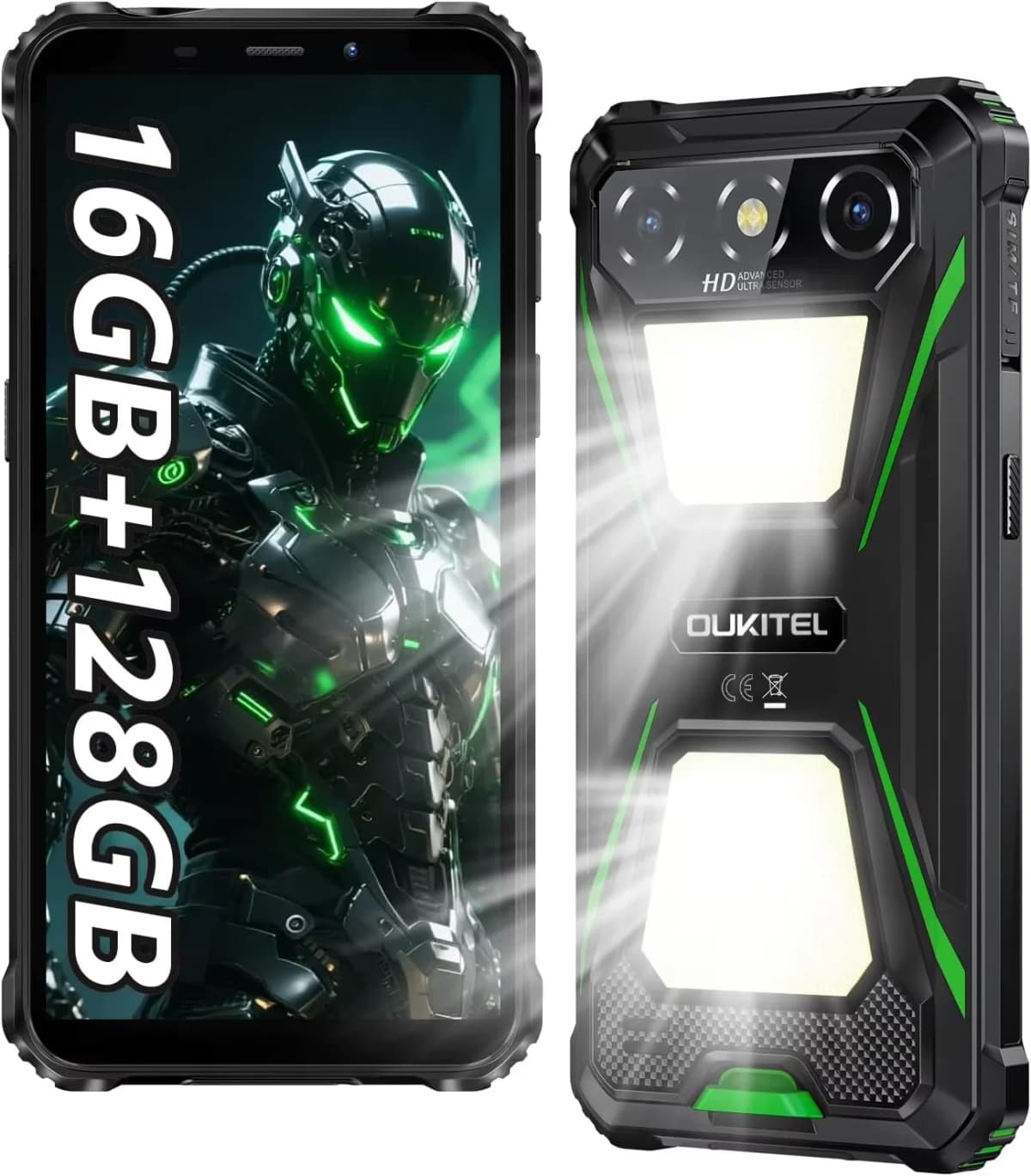 OUKITEL G5 Rugged Smartphone Unlocked 2025-16GB+128GB/TF 1TB Cell Phone, 900LM Dual Camping Lights, 6'' Display, 6300mAh Battery