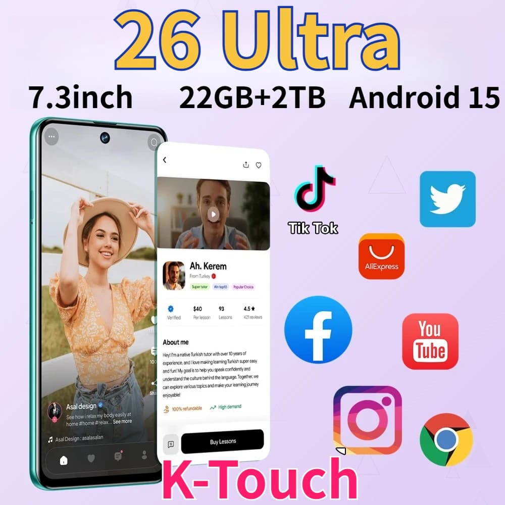 K-Touch 26 Ultra 7.3inch Mobile Phones Android 15 Cell Phone 22GB+2TB Smartphone 5G Dual SIM Card 8000mAh 16MP+48MP Camera Cellphones