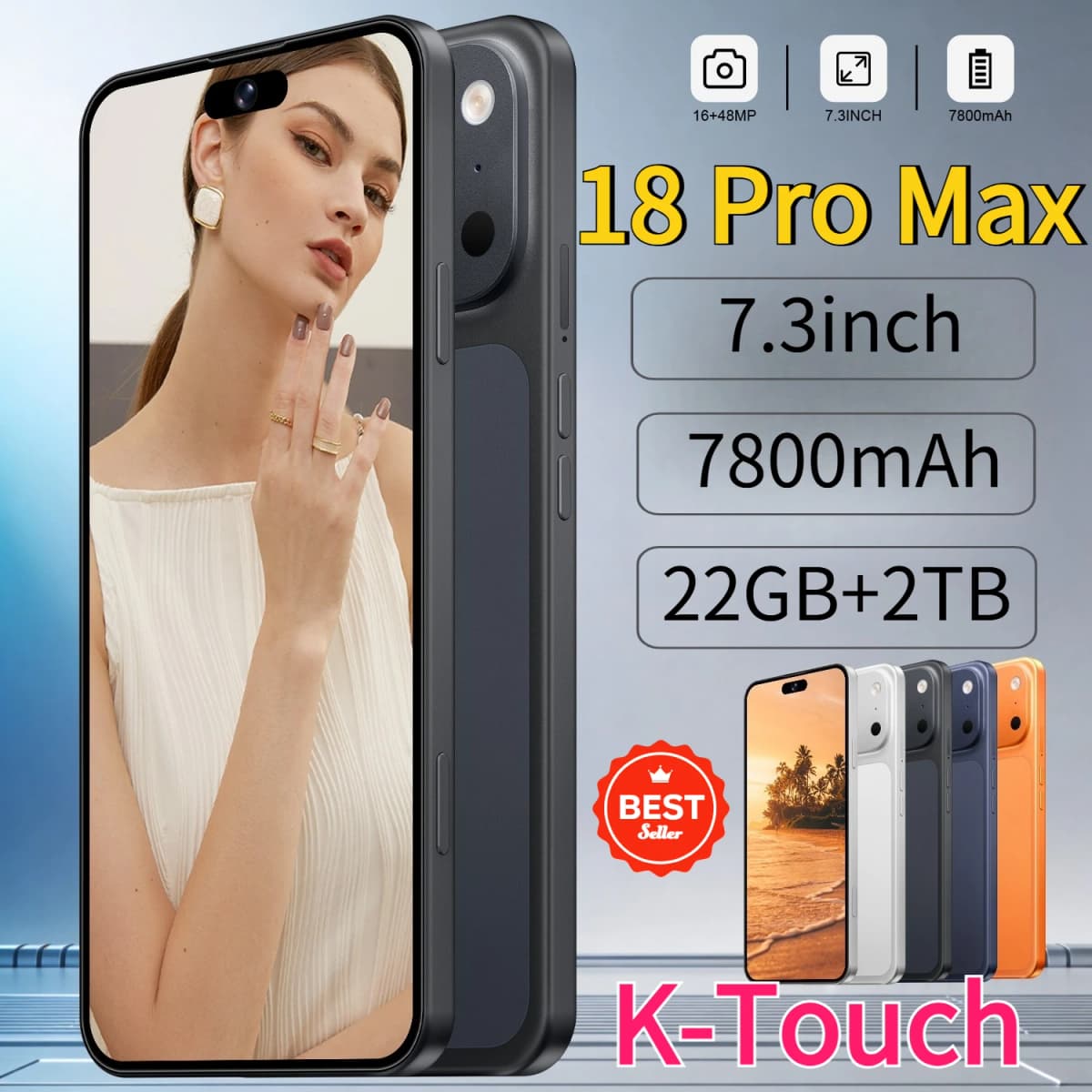 K-Touch Hot 18 Pro Max 22G+2TB Mobile Phones 7.3HD Cell Phone Android 15 Smartphone 5G Dual SIM 7800mAh Unlocked Global Version 16+48MP Cellphones