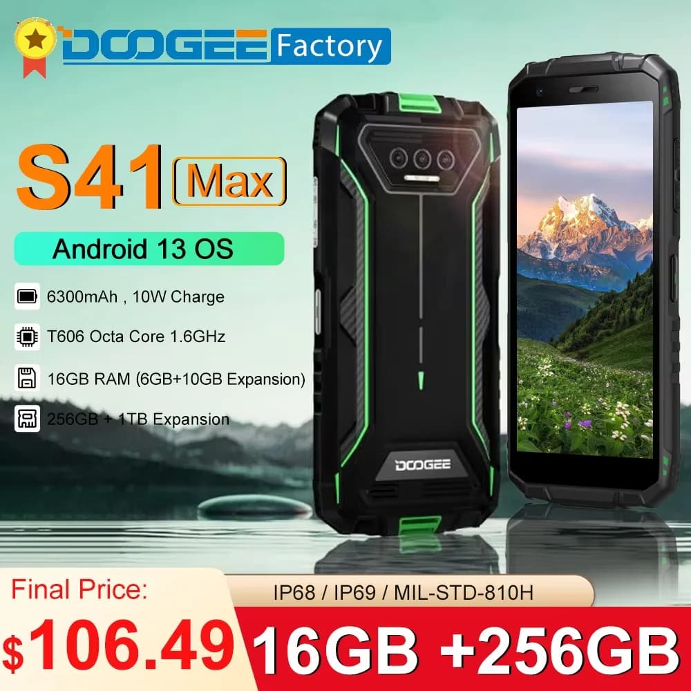 Global version DOOGEE S41 Max Rugged Phone Helio G99 13MP AI Triple Camera 16GB(6GB+10GB)+256GB 6300mAh 4G Android 13 Smartphone