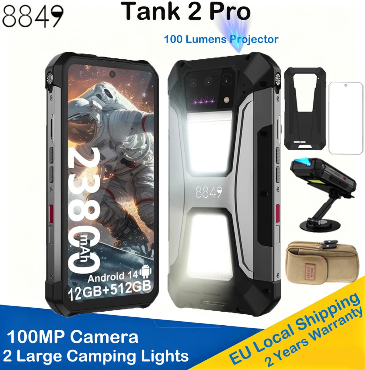 8849 Tank 2 PRO Unihertz Rugged Smartphone with Projector 100Lumens 23800mAh 2.4K Display 24GB 512GB Mobile Phone 120W Android 14 Phone world's most cost-effective projector phone