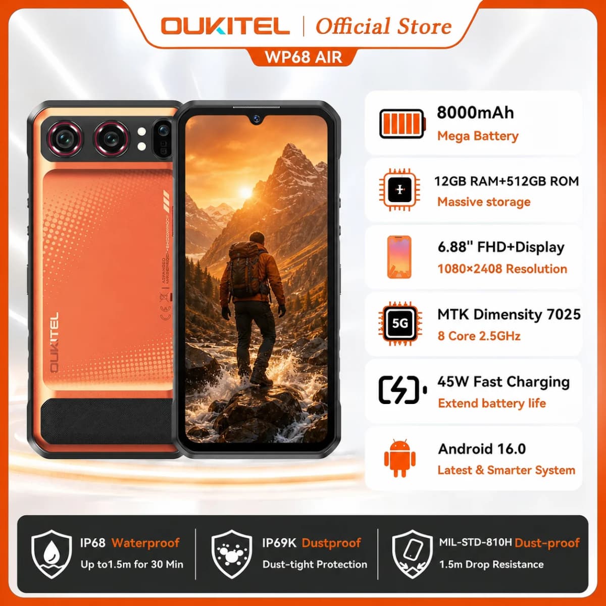 OUKITEL WP68 Air 5G Rugged Smartphone 36GB RAM 512GB ROM 8000mAh Battery 6.88" 120Hz Display Dimensity 7025 Android 16.0