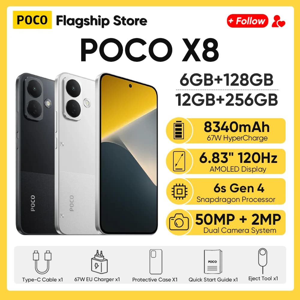 POCO X8 Global Version 5G Smartphone Snapdragon 6s Gen 4 8340mAh Battery 67W 6.83" 1.5K Display 50MP Camera NFC Cellphone