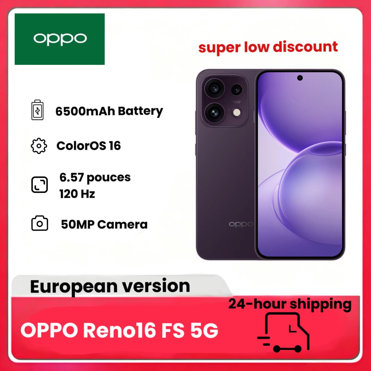OPPO Reno16 FS 5G Unlocked Smartphone, 8+512GB, 50MP Ultra Wide Angle Selfie Camera, 4K Video with Auto Address, 6.57" 120Hz Display, IP69K, (excludes Charger)