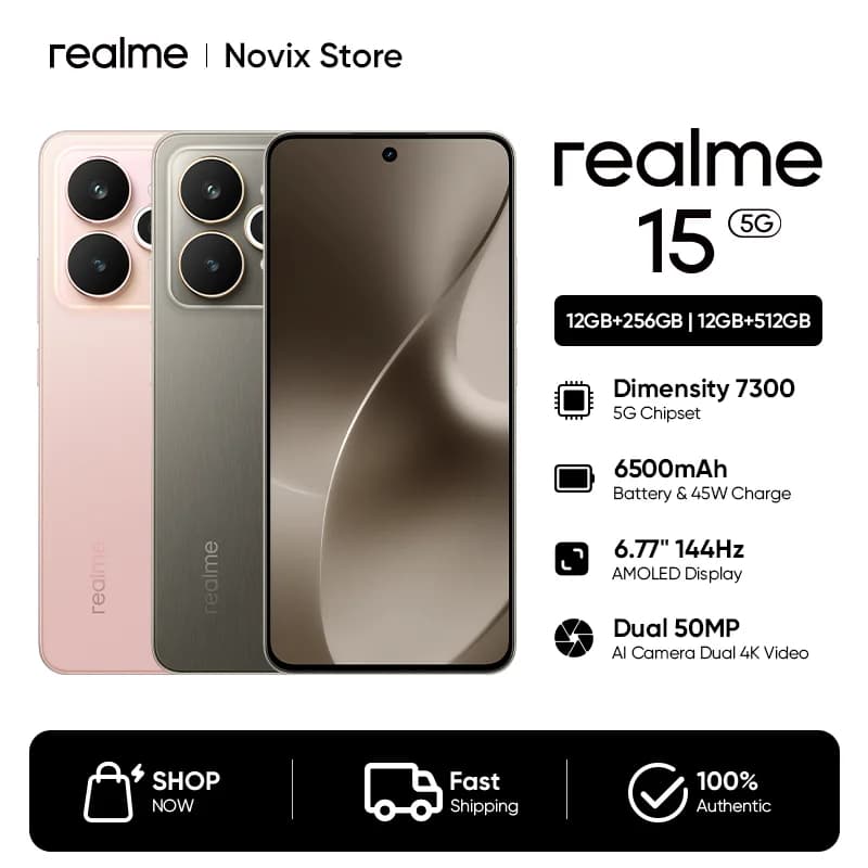 realme 15 5G Smartphone 50MP Sony IMX882 AI Camera+8MP OV08D10 Wide-Angle Camera 6500mAh Titan Battery 45W Ultra Charge NFC