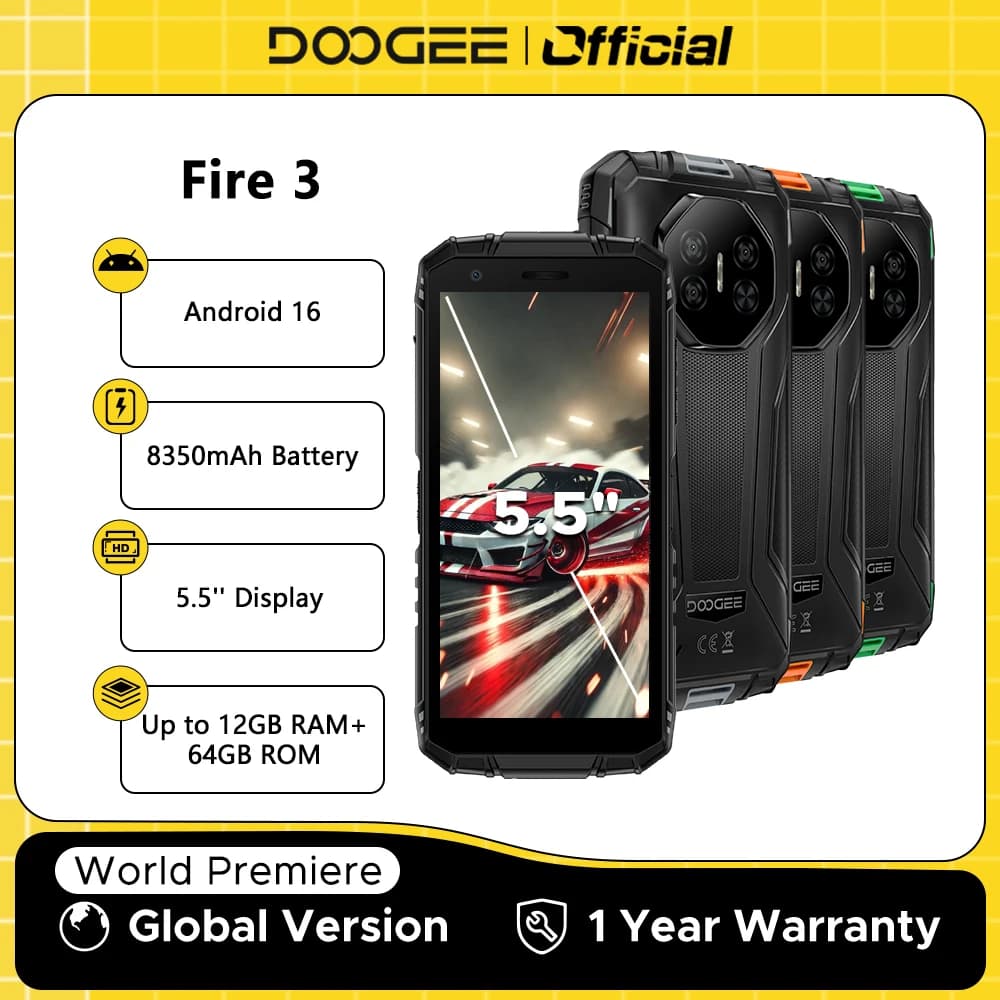 DOOGEE Fire 3 Rugged Phone 8350mAh Battery 5.5'' Display 12GB RAM (3GB+9GB) 64GB ROM Android 16 Smartphone Support Widevine L1