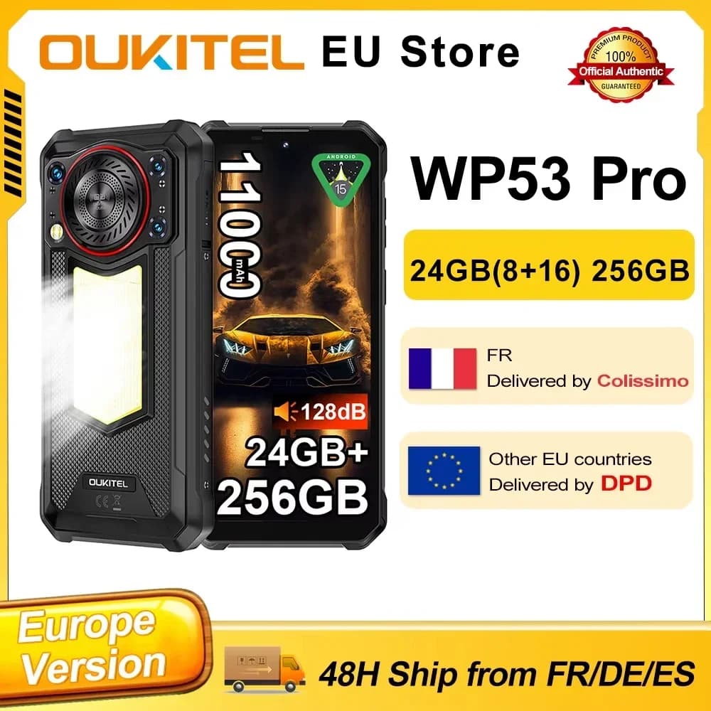 OUKITEL WP53 PRO Rugged Smartphone 50MP 24GB(8+16) 256GB 11000mAh Android 15 Camping Light loudspeaker 6.52" NFC Cell Phone