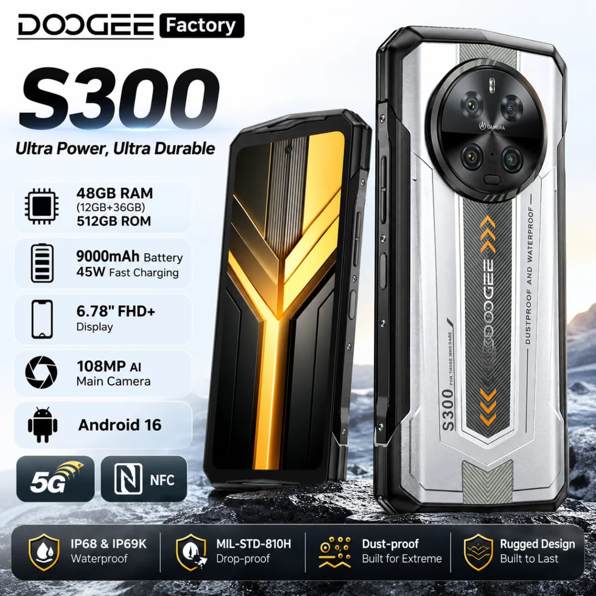 DOOGEE S300 5G Rugged Phone 6.78" FHD+ Dimensity Mediatek D7300 Mobile Phones 48GB+512GB 9000mAh 108MP Smartphone Android 16 NFC
