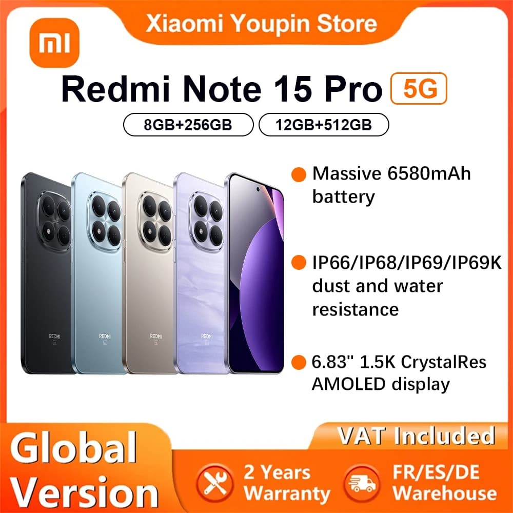 Global Version Xiaomi REDMI Note 15 Pro 5G smartphone 5G 6.83" 200MP main camera 6580mAh 45W charging IP66 IP68 IP69 IP69K NFC