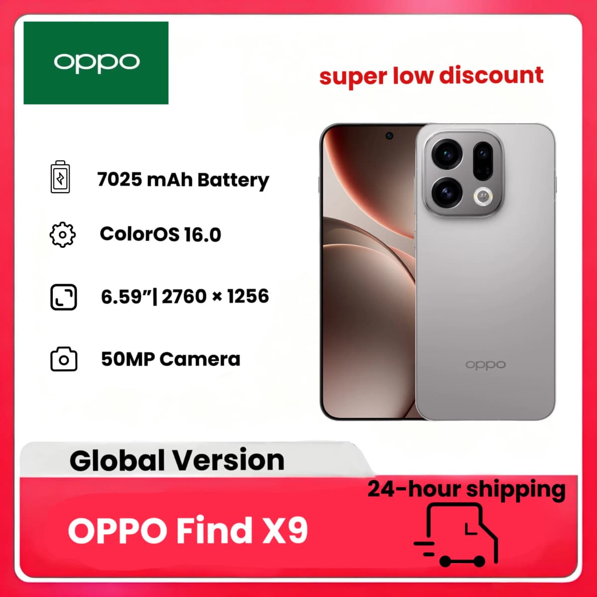 OPPO Find X9 Smart Phone,7025mAh Battery,12GB+512GB, Dimensity 9500,IP69 Waterproof 6.59" AMOLED , 50.0MP Camera ,Excluding charger
